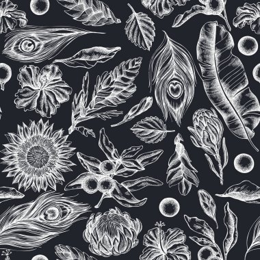 El yapımı tebeşir, muz palmiyesi, amber, solanum, bromeliad, tavus kuşu tüyleri, protea...