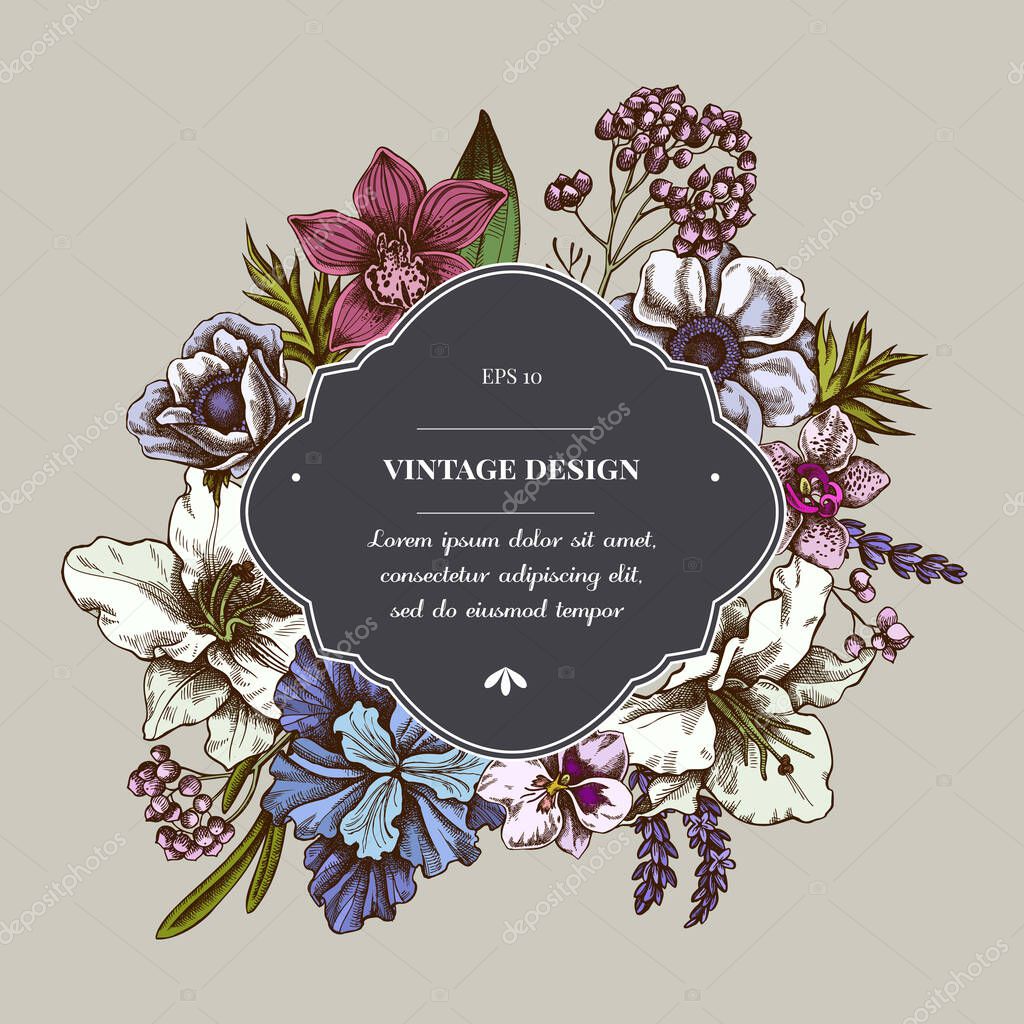 Badge over design with anemone, lavender, rosemary everlasting, phalaenopsis, lily, iris stock illustration