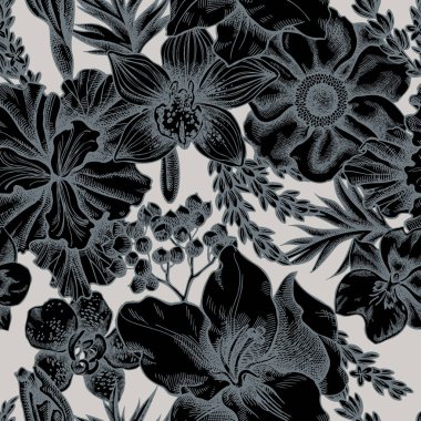 Kusursuz desenli, el çizimi şakayık, lavanta, ebediyen biberiye, falaenopsis, zambak, iris