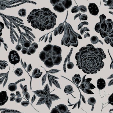 Kusursuz desenli, el çizimi, okaliptüs, şakayık, pamuk, frezya, esmer.