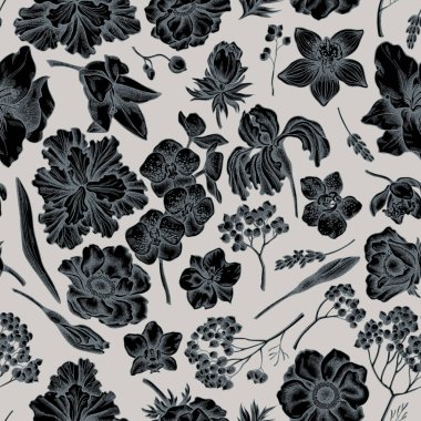 Kusursuz desenli, el çizimi şakayık, lavanta, ebediyen biberiye, falaenopsis, zambak, iris