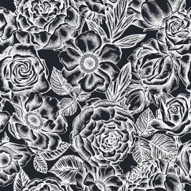 Elle çizilmiş tebeşir gülleri, şakayıklar, şakayıklar