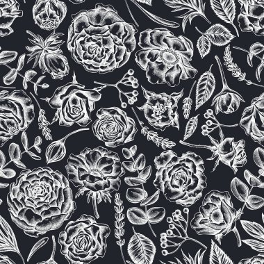 Elle çizilmiş tebeşir gülleri, şakayık, okaliptüs, lavanta, şakayık, viburnum...