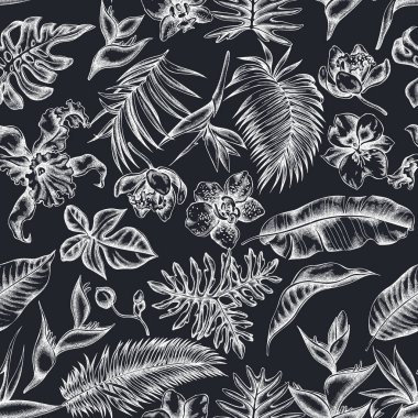 El yapımı tebeşir canavarı, muz palmiyesi yaprakları, strelitzia, heliconia, tropik palmiye yaprakları, orkide...