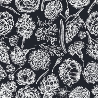 Elle çizilmiş tebeşir, karanfil, ranunculus, balmumu, ornithogalum, sümbül desenli kusursuz desen.