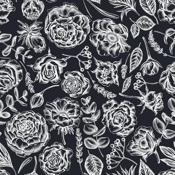 Elle çizilmiş tebeşir gülleri, şakayık, okaliptüs, lavanta, şakayık, viburnum...