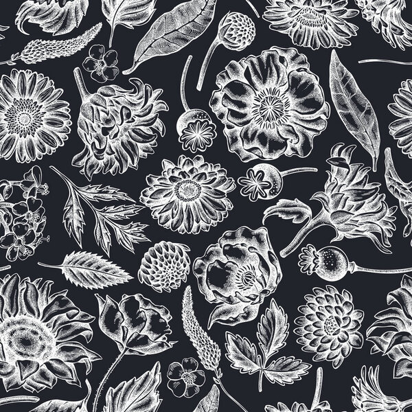 Seamless pattern with hand drawn chalk poppy flower, gerbera, sunflower, milkweed, dahlia, veronica