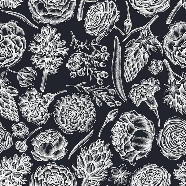 Elle çizilmiş tebeşir, karanfil, ranunculus, balmumu, ornithogalum, sümbül desenli kusursuz desen.