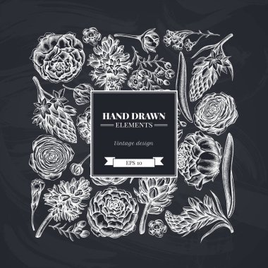 Tebeşir şakayığı, karanfil, ranunculus, balmumu, ornithogalum, sümbül içeren kare desenli.