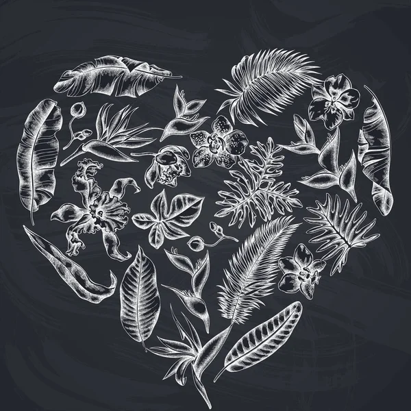 Coeur floral avec craie monstère, feuilles de palmier bananier, strelitzia, héliconie, feuilles de palmier tropical, orchidée — Image vectorielle