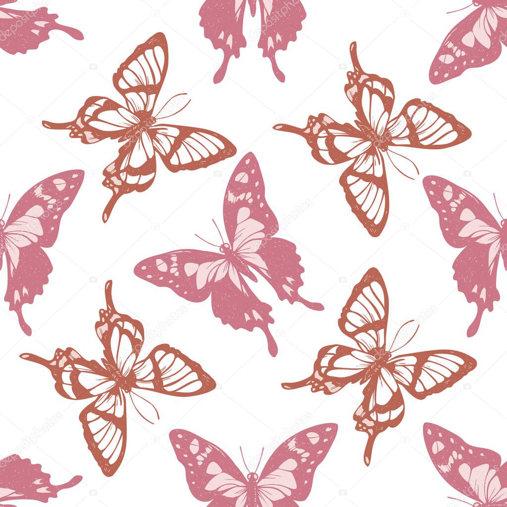 Seamless pattern with hand drawn pastel purple spotted swallowtail, octauius swordtail