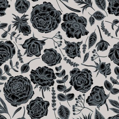 Kusursuz desenli, el çizimi güller, şakayık, okaliptüs, lavanta, şakayık, viburnum