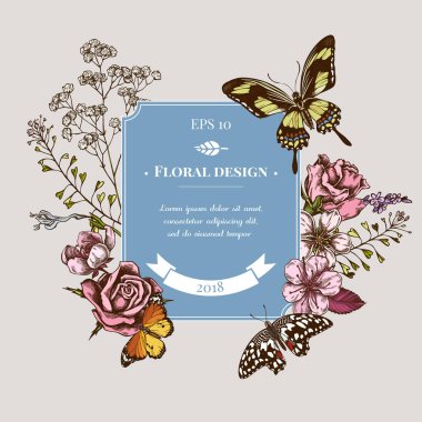 Renkli çoban çantalı rozet tasarımı, heather, Iris japonica, sakura, gypthe, badem, limon kelebeği, sade kaplan, papilio torquatus, güller