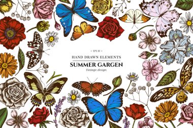 Renkli çoban çantalı çiçek tasarımı, heather, Iris japonica, sakura, gypôila, papatya, badem, haşhaş çiçeği, calendula, menelaus blue morpho, mavi morpho, limon kelebeği, kırmızı dantel kanat