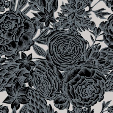 Kusursuz desenli, el çizimi şakayık, ranunculus, balmumu çiçeği, ornithogalum, sümbül