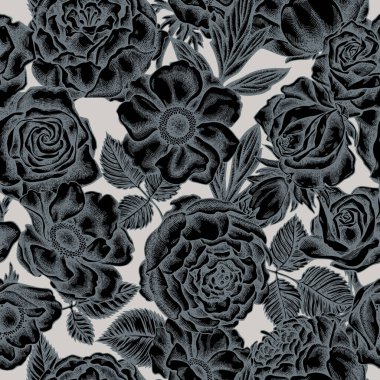Kusursuz desenli, el çizimi güller, şakayık, şakayık