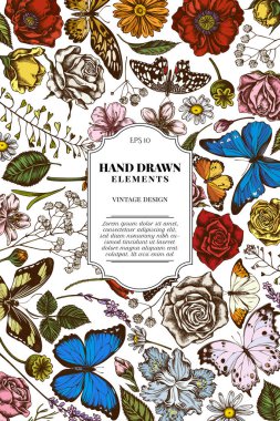 Renkli çoban çantalı kart tasarımı, heather, Iris japonica, sakura, gypôila, papatya, badem, haşhaş çiçeği, calendula, mavi morpho, limon kelebeği, kırmızı dantel kanatlı, Afrika devi kırlangıç kuyruğu