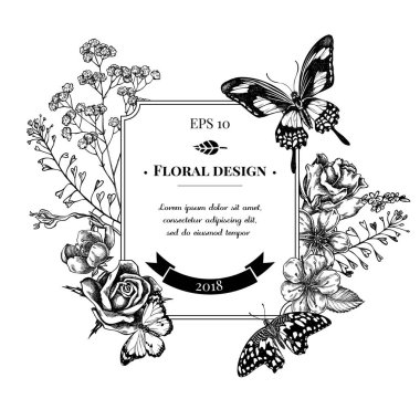 Siyah ve beyaz çoban çantalı rozet tasarımı, heather, Iris japonica, sakura, gypôila, badem, limon kelebeği, sade kaplan, papilio torquatus, güller