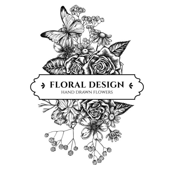 Floral bouquet design with black and white iris japonica, gypsophila, chamomile, almond, blue morpho, roses