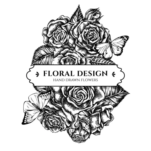 Diseño de ramo floral con gran punta naranja en blanco y negro, tigre liso, rosas — Archivo Imágenes Vectoriales