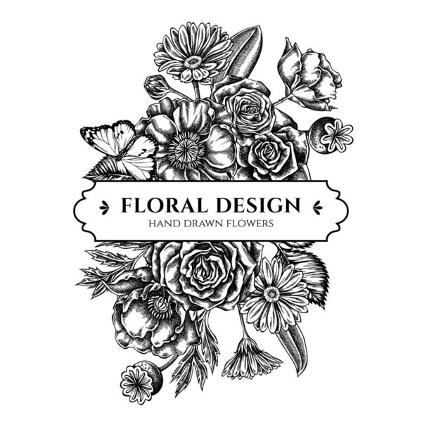 Floral bouquet design with black and white poppy flower, calendula, plain tiger, roses