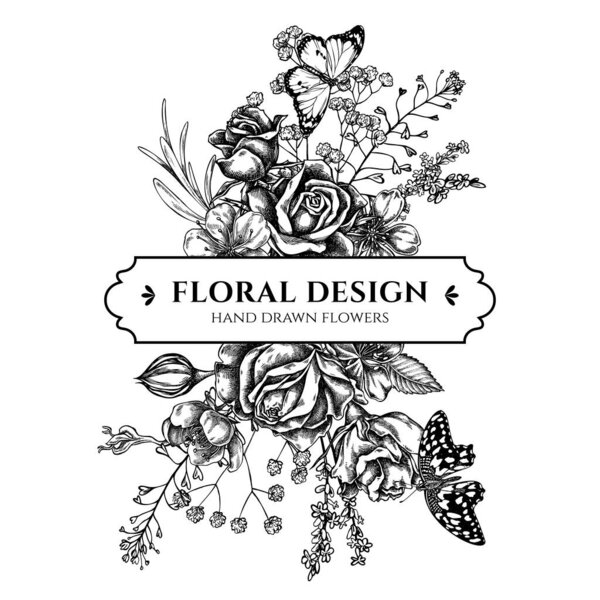 Floral bouquet design with black and white shepherd s purse, heather, iris japonica, sakura, gypsophila, almond, lemon butterfly, plain tiger, roses