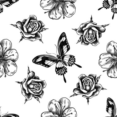 Seamless pattern with black and white sakura, papilio torquatus, roses clipart