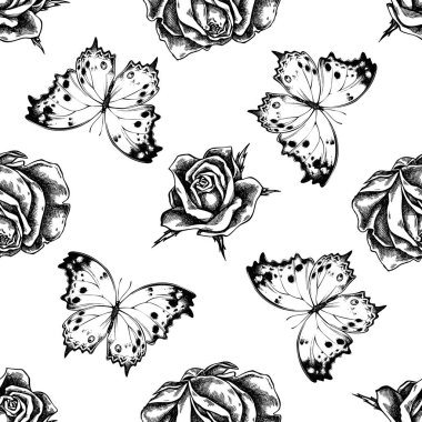 Kusursuz desenli, siyah beyaz orman incili, güller.