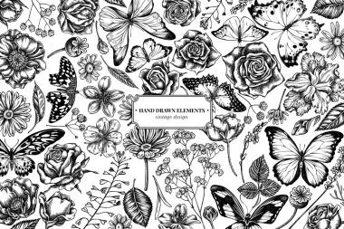 Siyah ve beyaz çoban çantalı çiçek tasarımı, heather, iris japonica, sakura, çingene, papatya, badem, haşhaş çiçeği, calendula, menelaus blue morpho, mavi morpho, limon kelebeği, kırmızı