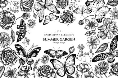 Siyah ve beyaz çoban çantalı çiçek tasarımı, heather, iris japonica, sakura, çingene, papatya, badem, haşhaş çiçeği, calendula, menelaus blue morpho, mavi morpho, limon kelebeği, kırmızı