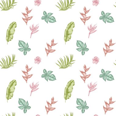 El yapımı pastel canavarlar, muz palmiyesi yaprakları, strelitzia, heliconia, tropikal palmiye yaprakları, orkide...