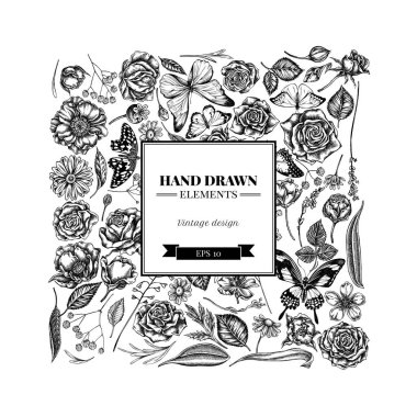 Siyah ve beyaz çoban çantalı kare çiçek tasarımı, heather, iris japonica, sakura, gypôila, papatya, badem, haşhaş çiçeği, calendula, mavi morpho, limon kelebeği, kırmızı dantel, büyük