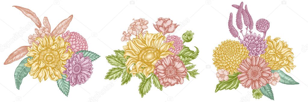 Flower bouquet of pastel poppy flower, gerbera, sunflower, milkweed, dahlia, veronica stock illustration