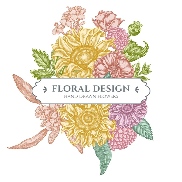 Diseño de ramo floral con flor de amapola pastel, gerberas, girasol, algodoncillo, dalia, verónica — Archivo Imágenes Vectoriales