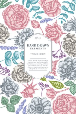 Pastel güllü kart tasarımı, şakayık, okaliptüs, lavanta, şakayık, viburnum