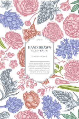 Pastel şakayık, karanfil, ranunculus, balmumu, ornithogalum, sümbül desenli kart tasarımı.