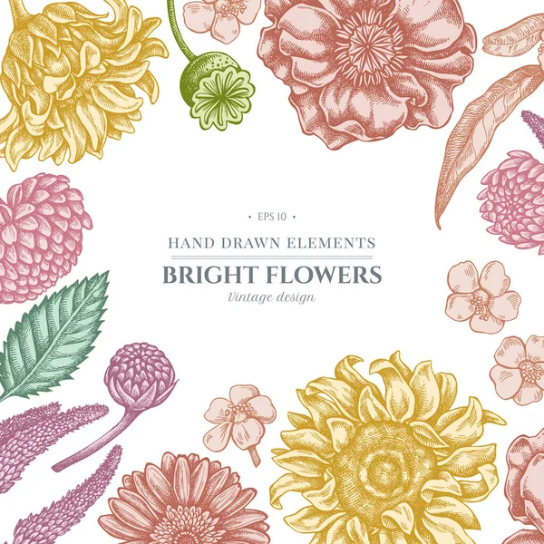 Diseño floral con flor de amapola pastel, gerbera, girasol, algodoncillo, dalia, verónica — Vector de stock