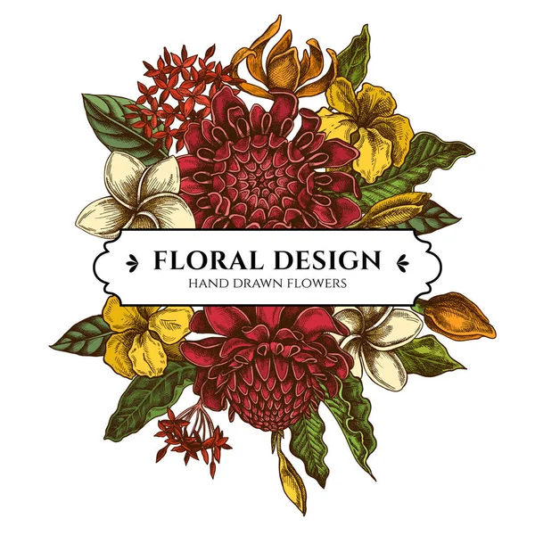Desain buket bunga dengan plumeria berwarna, allamanda, clerodendrum, champak, etlingera, ixora - Stok Vektor
