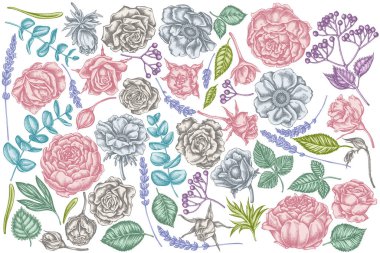 El yapımı pastel güller, şakayık, okaliptüs, lavanta, şakayık, viburnum.