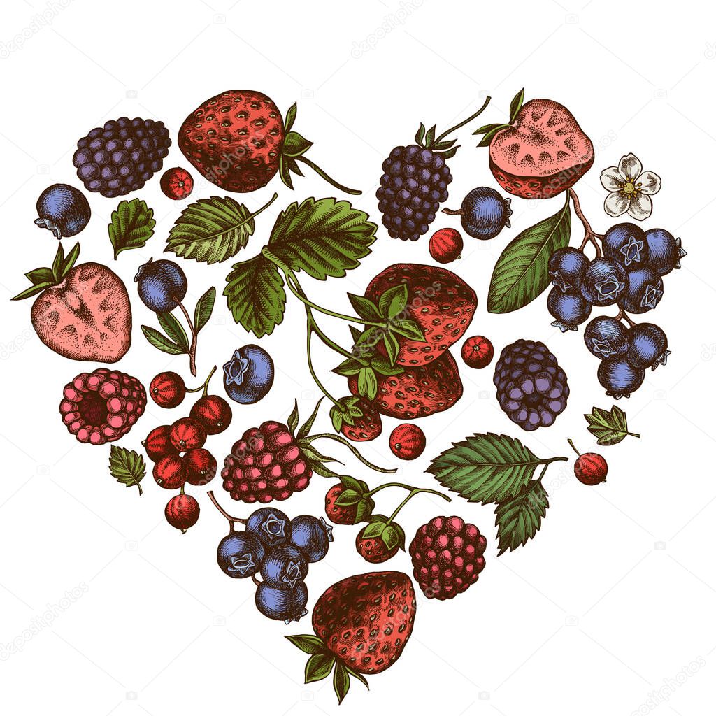 Heart design with colored strawberry, blueberry, red currant, raspberry, blackberry