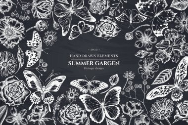 Tebeşir çoban çantalı çiçek tasarımı, heather, Iris japonica, sakura, gypôila, papatya, badem, haşhaş çiçeği, calendula, menelaus blue morpho, mavi morpho, limon kelebeği, kırmızı dantel kanat