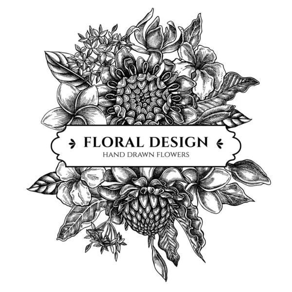 Diseño de ramo floral con plumeria en blanco y negro, allamanda, clerodendrum, champak, etlingera, ixora — Vector de stock