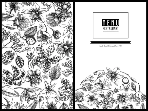 Projeto floral de capa de menu com laelia preto e branco, flores de feijoa, arbusto de glória, papilio torquatus, cinchona, cattleya aclandiae — Vetor de Stock