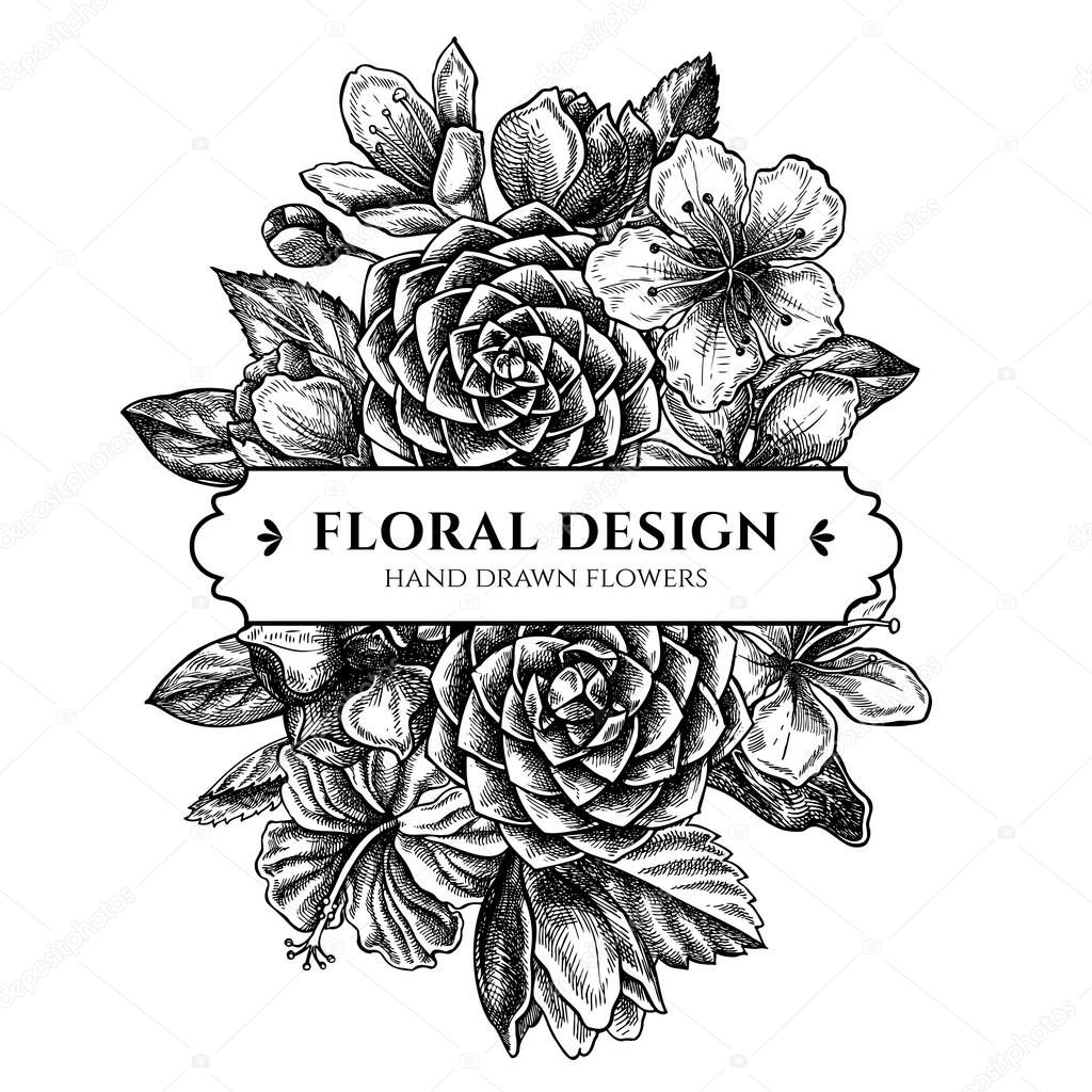Floral bouquet design with black and white hibiscus, plum flowers, peach flowers, sakura flowers, magnolia flowers, camellia japonica stock illustration