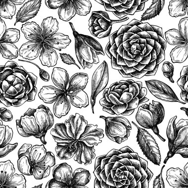 Siyah ve beyaz amberli kusursuz desen, erik çiçekleri, şeftali çiçekleri, sakura çiçekleri, manolya çiçekleri, kamelya japonica