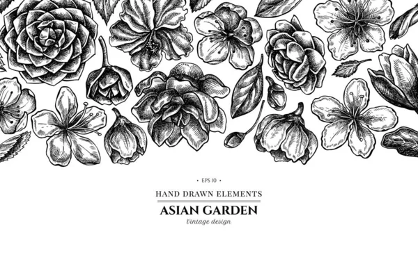 Kwiatowy wzór z czarno-białym hibiskusem, kwiatami śliwki, kwiatami brzoskwini, kwiatami sakury, kwiatami magnolii, kamelią japońską — Wektor stockowy
