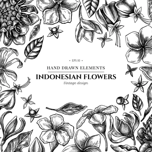 Blumenmuster mit schwarz-weißem Federkleid, Allamanda, Klerikaltrommel, Champak, Eglingera, Ixora — Stockvektor