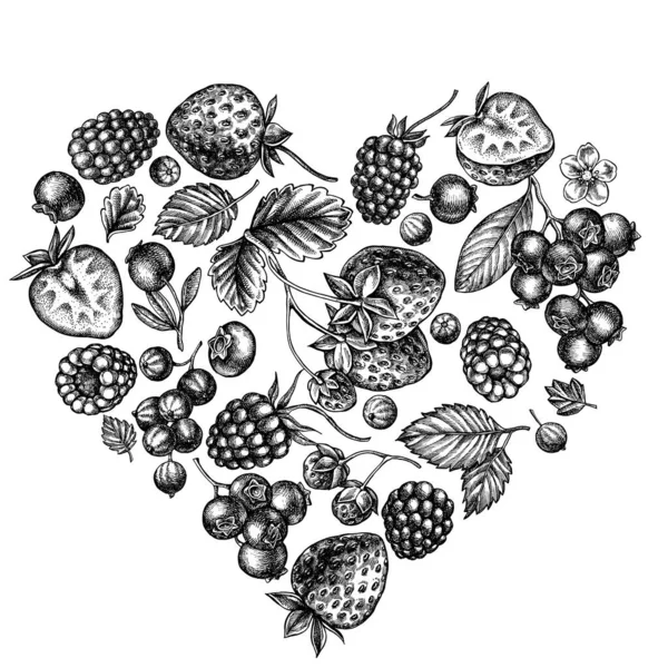 흑백의 딸기, 블루베리, 레드 커런트, 라즈베리, 블랙베리로 만든 하트 디자인 — 스톡 벡터