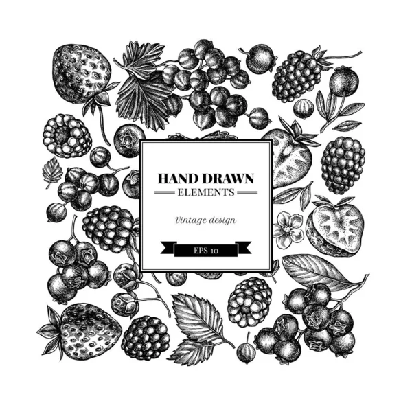 Vierkant ontwerp met zwarte en witte aardbeien, bosbessen, rode bessen, frambozen, bramen — Stockvector