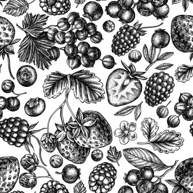 Siyah ve beyaz çilekli kusursuz desen, yaban mersini, kırmızı frenk üzümü, ahududu, böğürtlen